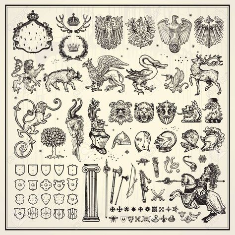 Heraldic Elements Collection Royalty Free Cliparts, Vectors, And Stock Illustration. Image 12658610. | Medieval tattoo, Marquesan tattoos, Vintage illustration Heraldry Design Symbols, Flashes Tattoo, Pioneer Camp, Woodcut Tattoo, Heraldry Design, Medieval Tattoo, Core Design, Marquesan Tattoos, Body Tattoo