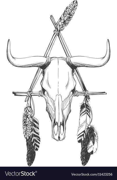 Bull Skull Drawing, Bull Skull With Feathers, Indian Illustrations, Longhorn Tattoo, Cow Skull Tattoos, Bull Skull Tattoos, Tattoo Feather, Indian Feather Tattoos, Hipster Illustration