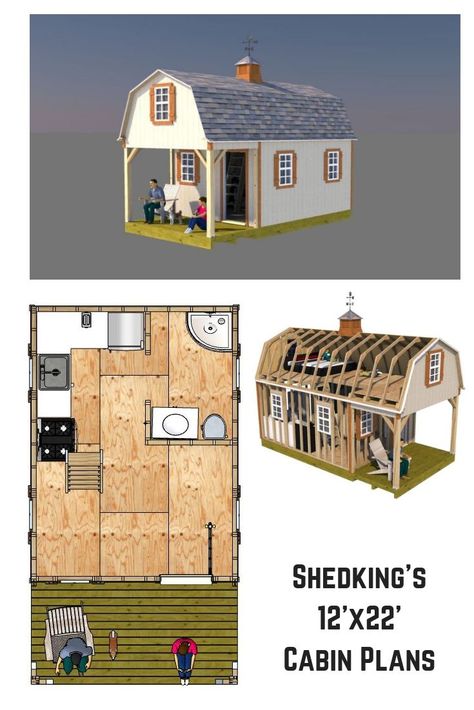 Build a neat cabin in the wilderness with these 12x22 barn shed plans.  Living space on the first floor is 12x16, 6' front porch, and 12x22 huge loft area for everyone's sleeping area.  You can also use the plans to build your tiny house, backyard home office, workshop, craft studio, shedhome, or grandparents bungalow. Shed Tiny House, Small Cabin Plans, Shed House Plans, Cabin Loft, Shed Cabin, House Plan With Loft, Loft Plan, Diy Cabin, Shed Home