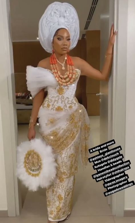 Delta Bride Nigerian Weddings, Asoebi Styles For Brides, Igbo Bridal Traditional Dresses, White And Gold Igbo Traditional Dress, White And Gold Nigerian Wedding Dress, Nigerian Wedding Styles, Nigerian Traditional Bridal Dresses, Africa Traditional Wedding Dress, Ugandan Wedding Dress