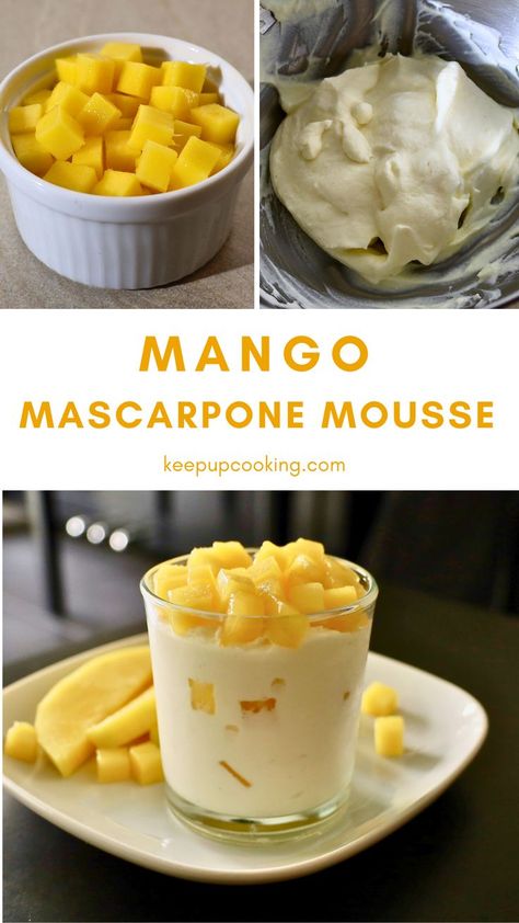 mango mascarpone mousse, mascarpone mousse, mousse recipe, mascarpone recipe Marscapone Dessert, Mango Whipped Cream, Recipes With Mascarpone Cheese, Gelatin Sheets, Mascarpone Mousse, Mango Float, Mascarpone Recipes, Mousse Mascarpone, Sweetness Level