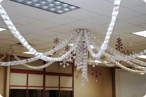 Whipperberry: Company Christmas Party–Décor {Event Styling} Decorating Ceiling, Castle Decorations, Elf Themed Christmas Party, Christmas Stage Design, Christmas Ceiling Decorations, Themed Christmas Party, White Christmas Party, Chain Chandelier, Christmas Party Planning