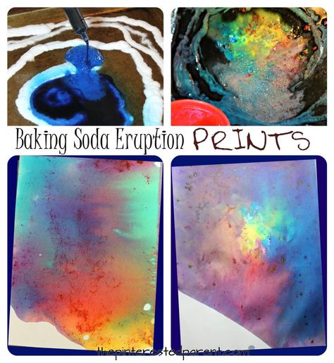 Baking soda and vinegar eruption prints - science and art combine for this pretty process art. Messy painting, arts and crafts for kids Kids Baking, Messy Crafts, Messy Art, Kid Activities, Process Art, Science Art, Preschool Art, Crafts For Teens, Art Club