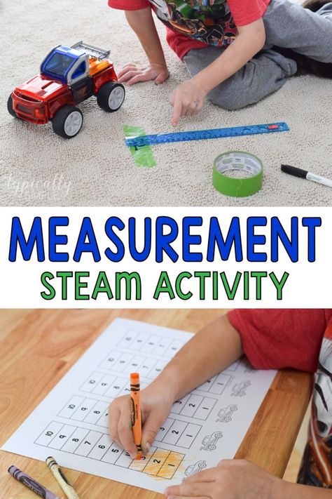 This fun STEAM activity is a great way to introduce measurement to younger kids. Use engineering skills to build a PowerClix®️️️ Racer and math skills to measure and graph the distance the car rolls across the floor. {AD} Math Steam Preschool, Math Stem Activities Kindergarten, Measurement Stem Activities, Steam Experiments, Challenge Activities, Montessori Board, Science Area, Steam Lessons, Steam Activity