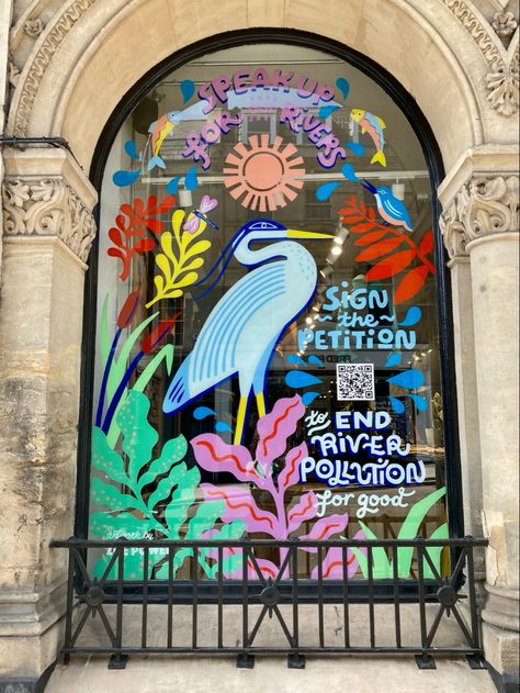 Window mural
Heron
River pollution
Handpainted art
Wall art
Glass art 
Window painting Window Design Painting, Window Sign Painting, How To Paint On Windows, Window Painting Business, Painted Store Windows, Store Window Displays Ideas, Patagonia Illustration, Storefront Window Painting, Window Decals Business