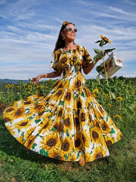 Sunflower Print Dress, Sunflower Dress Aesthetic, Sunflower Dress Outfit, Sunflower Dresses, Sunflower Outfit, Tailored Dresses, Sunny Dress, Trend Board, Sunny Garden