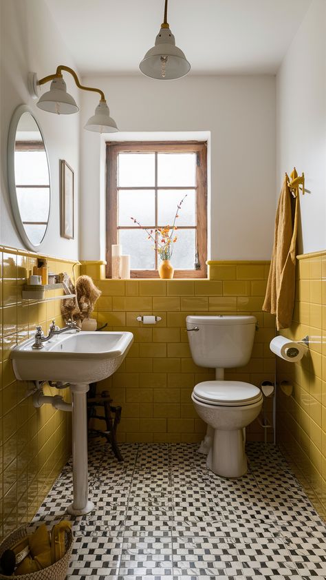 Creative Yellow Bathroom Ideas: Bold Designs for Modern and Small Spaces Bathroom Ideas Bright, Vintage Yellow Bathroom, Yellow Bathroom Ideas, Yellow Bathroom Tiles, Yellow Bathroom Walls, Mustard Accents, Yellow Bathroom Accessories, Yellow Accent Walls, Wc Ideas