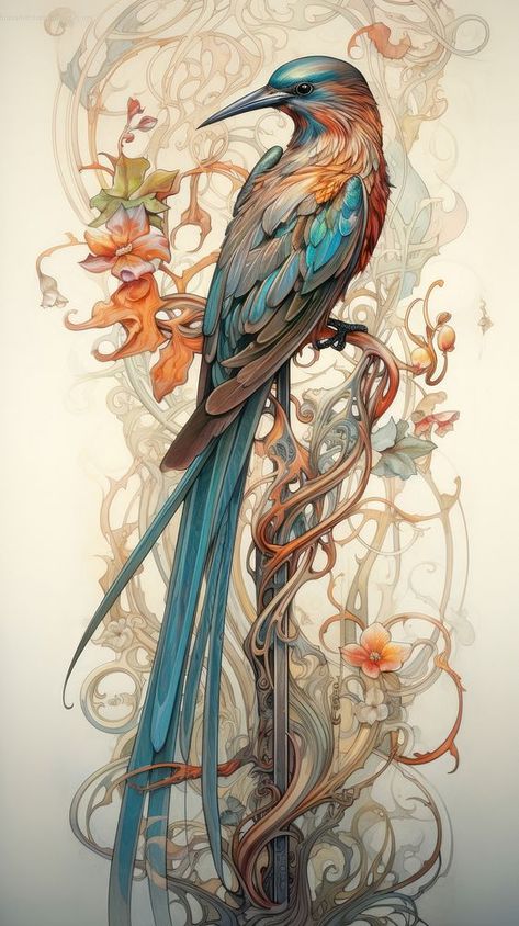 An art nouveau drawing of a long tail bird painting animal creativity. | premium image by rawpixel.com / Tanat Chittirungsan Art Nouveau Drawing, Art Nouveau Animals, Art Nouveau Bird, Long Wallpaper, Drawing Bird, Bird Mobile, Bird Drawing, Wallpaper Floral, Bird Painting