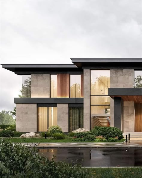 Architectural Exterior Design, Industrial Modern House Exterior, Modern House Extension, Modern California Home Exterior, Ceramic Facade Architecture, Black Wood House Exterior, Villa Exterior Design Modern, Modern Exterior Windows, Villa Modern Exterior