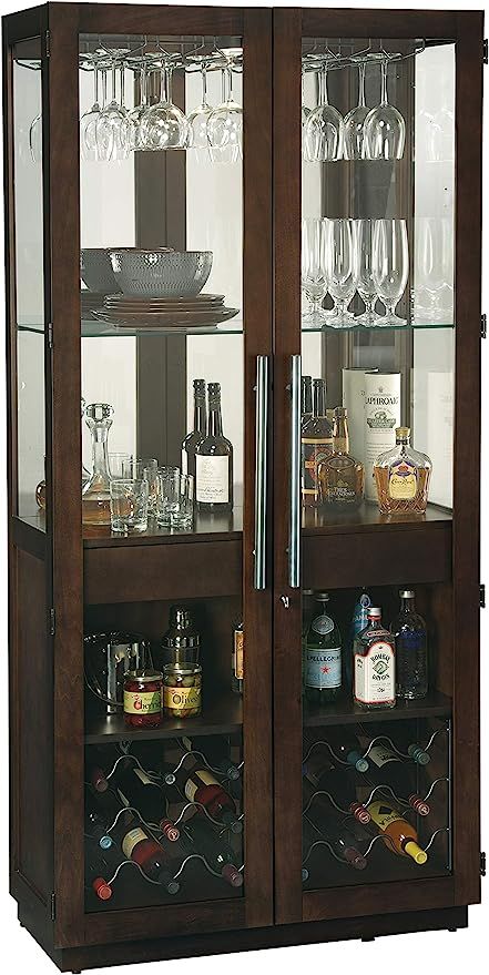 Howard Miller Lauterbur Wine Cabinet 547-280 Wine Glass Cabinet, Wine Cabinet Design, Alcohol Cabinet, Wooden Wine Cabinet, Corner Bar Cabinet, Glass Shelves Kitchen, Home Bar Cabinet, Glass Wall Shelves, Large Wine Glass