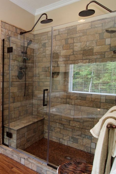 Small Walk In Shower Ideas Stone, Walk In Shower Ideas With 2 Shower Heads, Large Tiled Shower Ideas Walk In, Walk In Shower With Multiple Heads, Shower For 2 People, Dual Rain Shower Master Bath, Double Shower Small Bathroom, Double Sided Shower Master Bath, Walk In Shower With Dual Shower Heads