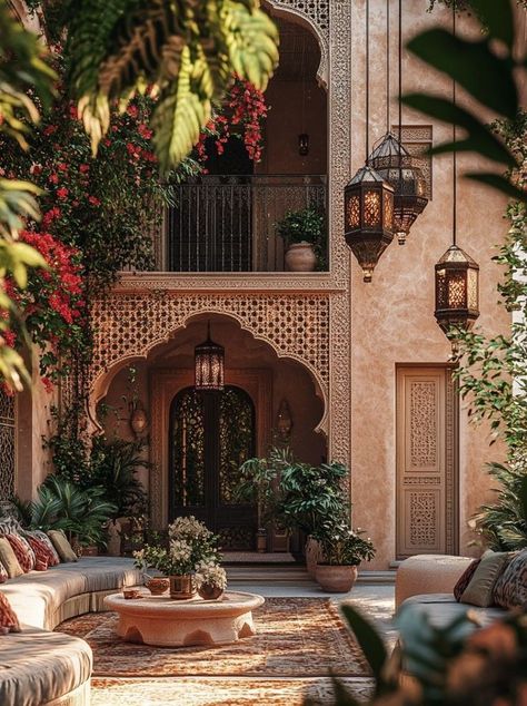 Moroccan Style Home Interior Design, Indian House Architecture, Moroccan Style Apartment, Arab Style Courtyard, Moroccan Inspired Interiors, Moorish Interior Design, Middle Eastern Courtyard, Arabian Style House, Arab Courtyard