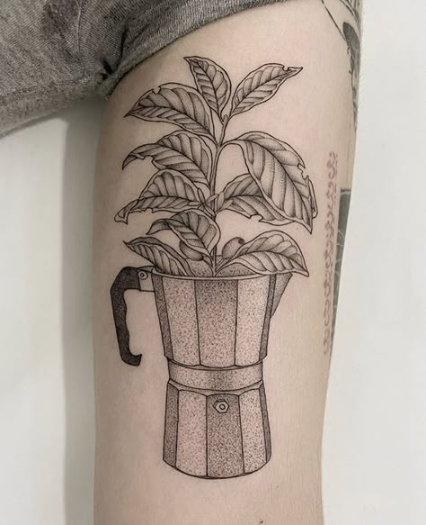 Espresso Maker Tattoo, Coffee Grinder Tattoo, Percolator Tattoo, Moka Pot Tattoo, Traditional Coffee Tattoo, Coffee Pot Tattoo, Barista Tattoo Ideas, Coffee Lover Tattoo, Coffee Bean Tattoo