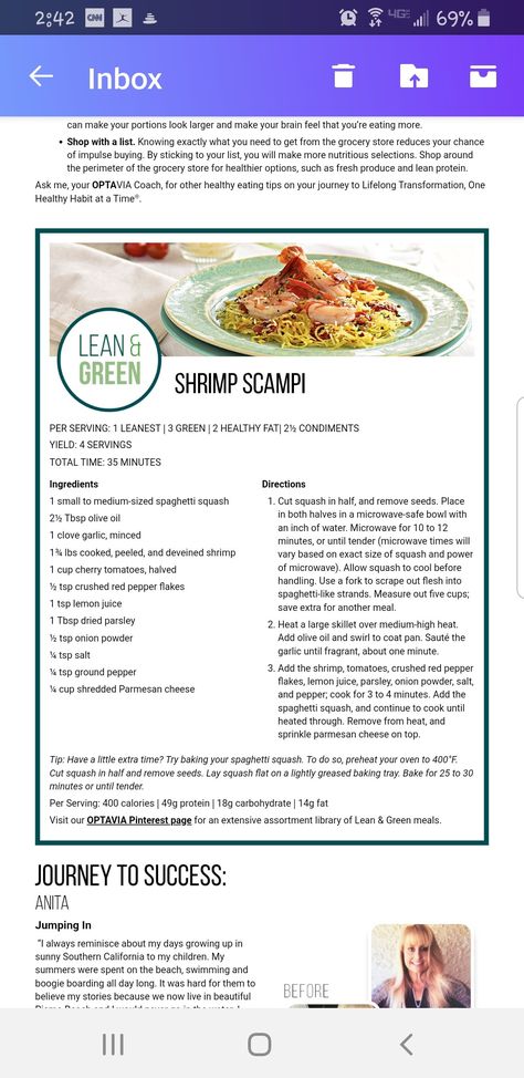 Shrimp scampi Lean And Green Shrimp, Shrimp Scampi Foil Packets, Optavia Shrimp, Green Shrimp, Optavia Lean And Green, Lean And Green, Shrimp Scampi Recipe, Scampi Recipe, Green Meals