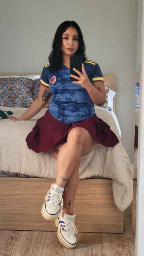 Wearing my uniform skirt + Colombia jersey with my platform adiddas Colombian Jersey Outfit, Colombia Jersey, Uniform Skirt, Jersey Outfit, Cute Outfits, Skirt, Closet, How To Wear