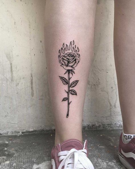 Burning Roses Tattoo, Rose Burning Tattoo, Rose In Flames Tattoo, Rose Shin Tattoo, Burning Rose Tattoo Men, Roses On Fire Tattoo, Burning Black Rose, Rose With Flames Tattoo, Grunge Rose Tattoo