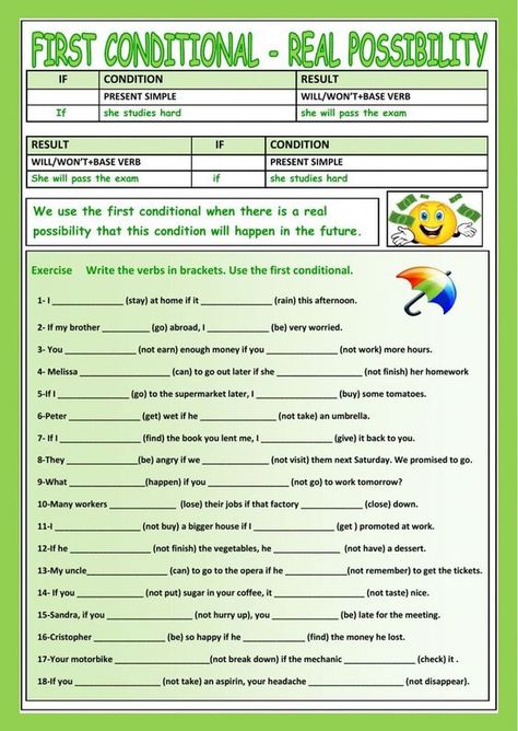 First conditional interactive and downloadable worksheet. Check your answers online or send them to your teacher. If Worksheet, Conditionals Grammar, First Conditional, Conditional Sentences, Grammar Exercises, English Exercises, English Grammar Worksheets, Grammar Practice, English Classroom