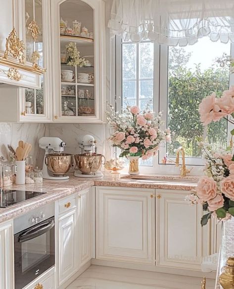 Show Case For Kitchen, Rococo Kitchen Interior Design, Cottage Theme Kitchen, Kitchen Interior Unique, Romantic Shabby Chic Kitchen, Pretty Kitchen Aesthetic, Romantic House Aesthetic, Vintage Aesthetic House Interior, European Cottage Interior Design