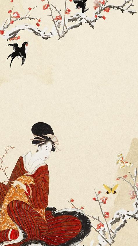 Geisha Wallpaper Iphone, Mobile Wallpaper Aesthetic, Japanese Geisha Drawing, Geisha Drawing, Wallpaper Japanese, Geisha Art, Paper Background Design, Aesthetic Floral, Japanese Zen