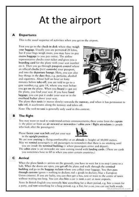 at the airport - English ESL Worksheets for distance learning and physical classrooms Airport Reading, Esl Reading, Travel English, English Teaching Materials, Conversational English, English Vocab, English Language Teaching, English Activities, English Reading