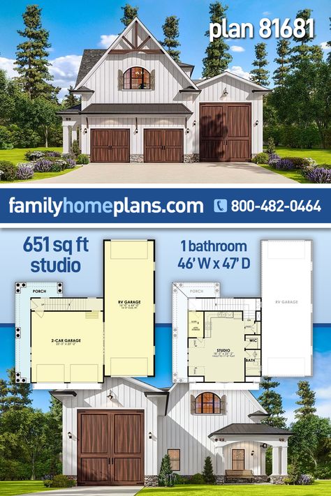 RV Garage Studio Construction Plan 81681 has 1,326 square feet of garage space and a 651 square foot studio upstairs. The exterior has storybook charm with white vertical siding, stone, arched windows, board and batten shutters, and decorated gables. Choose a warm tone stain to finish the garage doors and give it a carriage house appearance. This new garage-living plan will add value to your property because of the additional living and storage space. Garage With Living Quarters Floor Plans, Garage Dominion, Rv House Plans, Rv Storage With Living Quarters, Boat Garage Ideas, Rv Garage With Living Quarters, Garage With Rv Storage, Rv Carriage House Plans, Home With Rv Garage