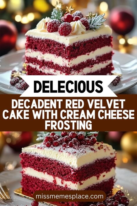 Dive into decadence with this Decadent Red Velvet Cake with Cream Cheese Frosting, a must-have for your holiday dessert table. This recipe offers a harmonious blend of flavors and textures, with a moist cake layered and topped with rich cream cheese frosting that adds a delightful tang. Perfect for special occasions, this cake is not just a treat for the taste buds but also a feast for the eyes. Get ready to bring joy and sweetness to your holiday festivities with this unforgettable dessert! Cream Cheese Icing For Red Velvet Cake, Red Velvet Cake With Filling, Red Velvet Bars Cream Cheese, Cream Cheese Frosting For Red Velvet Cake, Red Velvet Dessert Ideas, Red Velvet Treats, Red Velvet Cake Filling Ideas, Festive Christmas Desserts, Res Velvet Cake