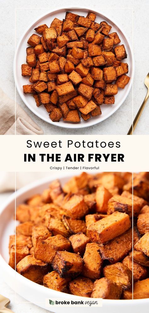 These air fryer sweet potatoes are coated in warming seasonings, tossed in olive oil, and fried to crispy-yet-tender perfection. Serve them with your favorite dip for a crowd-pleasing appetizer or side dish! #airfryersweetpotatoes #airfriedsweetpotatoes #sweetpotatocubes Air Fried Sweet Potatoes, Fried Sweet Potatoes, Air Fryer Sweet Potatoes, Sweet Potato Bites, Sweet Potato Recipes Roasted, Sweet Potatoe Bites, Cubed Sweet Potatoes, Potato Bites, Healthy Easy