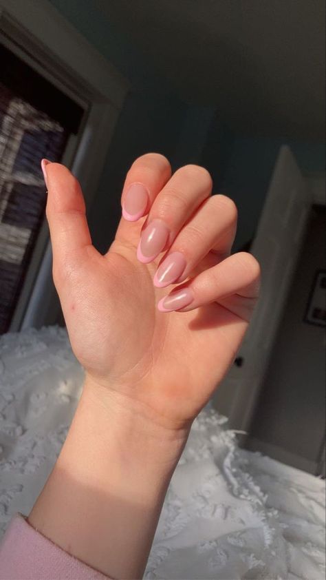 Pick French Tip Nails, Pastel Pink Nails French Tip, Pink French Nails Short Almond, Salmon French Tip Nails, Pink Acrylic Nails Tips, Light Pink Nails Prom, Light Pink Glitter French Tip Nails, Blush French Tip Nails, Almond French Tip Nails Pink