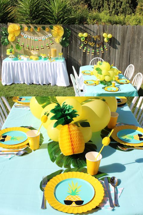 Party Like A Pineapple, Mango Party Theme, Mango Birthday Theme, Pineapple First Birthday Party, Mango Theme Party Decoration, Pineapple Birthday Party Decoration, Yellow Birthday Party Decorations, Pineapple Birthday Party Ideas, Pineapple Table Decor