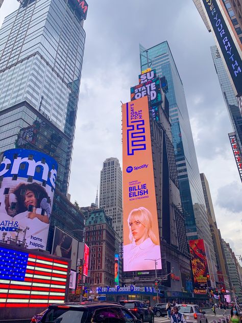 New York Rap Aesthetic, Time Square New York Billboards, Nyc Billboard Aesthetic, Billboard Times Square, Billboard Signs Aesthetic, Billie Eilish Billboard, Time Square Aesthetic, Teresa Core, Billboard Aesthetic