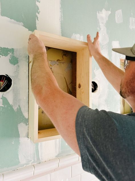 Recessed Medicine Cabinet Ideas, Medicine Cabinet Niche Ideas, In Wall Medicine Cabinet Diy, Build A Medicine Cabinet, Diy Recessed Cabinet, Picture Medicine Cabinet, Hidden Medicine Cabinet Diy, Recessed Wall Niche Ideas Bathroom, Bathroom Medicine Cabinet Makeover