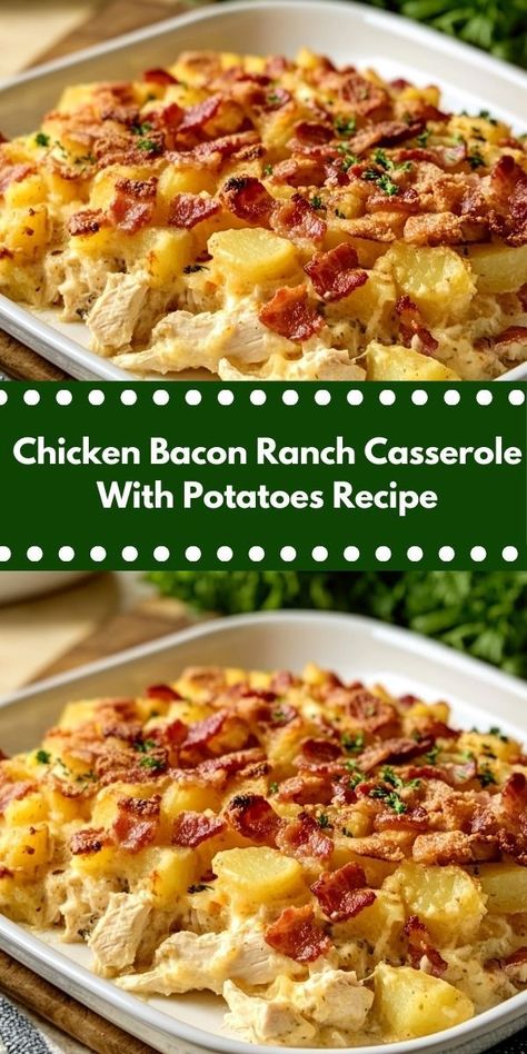 Need a quick weeknight meal? This Chicken Bacon Ranch Casserole is your go-to solution. With minimal prep time and straightforward steps, it's an effortless dinner idea the whole family will love. Chicken Bacon Casserole, Casserole With Potatoes, Chicken Bacon Recipes, Bacon Recipes For Dinner, Bacon Ranch Casserole, Chicken Potato Casserole, Ranch Casserole, Bacon Ranch Potatoes, Bacon Casserole