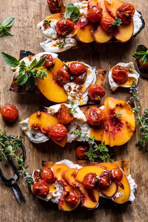 Peach Burrata Crostini with Burst Cherry Tomato Vinaigrette | halfbakedharvest.com Burrata Crostini, Peach Burrata, Tomato Vinaigrette, Peach Chicken, Half Baked Harvest Recipes, Peach Recipes, Grilled Bread, Harvest Recipes, Half Baked