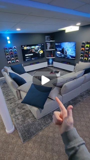 Cam & Petra McGee on Instagram: "What do you like MOST about our GAMING SETUP? 😎🎮  Obviously, I am biased, but I like the symmetry, haha.  This setup wouldn't be possible without wall mounting both of our OLED 65in TVs with @mount_it_  Long Extension TV Mount (Dual Arm Full Motion)!   The studs in our wall were a little off, so luckily, the mounts have enough horizontal adjustment for me to center the last few inches by just moving the TVs left and right a bit. It has a screw you tighten once you have it perfect, so its easy to lock in. I am super happy with it!  We'll have a link in bio to the mount! /ad  __ #Gaming #GamingParadise #PlayStation #PC #PCGaming #PlayStation4 #PS5 #GamingCommunity #mountit #InstaGaming #Setup #GamingSetup #GamingLife #GamingPC #darksouls #PlayStation5  #spi Game Room Two Tvs, Gaming Room Tv Setup, Ps5 Room, Long Extensions, Living Room Redo, Tv Mount, Room Redo, Mounted Tv, Wall Mounted Tv