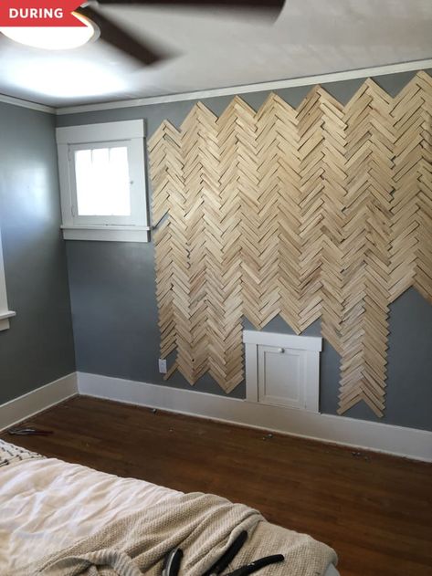 Cheap DIY Bedroom Accent Wall Idea | Apartment Therapy Cheap Wood Accent Wall, Mcm Accent Wall, Diy Bedroom Accent Wall, Bedroom Accent Wall, Nails Tools, Room Accent Wall, Diy Accent Wall, Bedroom Redo, Focal Wall