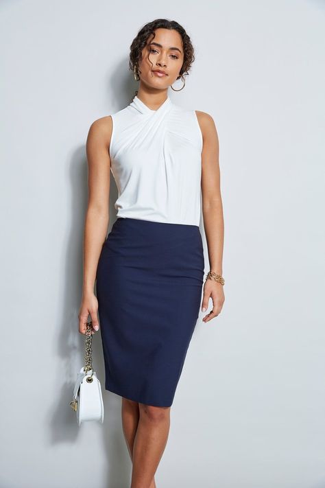 [PaidAd] This Figure-Flattering Midi Pencil Skirt Is Made From A Seasonless Wool Blend And Comes In Two Color Ways: Navy And Black. #pencilskirtoutfitsforwork White Blouse Designs, Navy Blue Pencil Skirt, Navy Pencil Skirt, Knee Length Pencil Skirt, Business Skirt, Pencil Skirt Outfits, Knee Length Skirt Pencil, Paneled Skirt, High Waisted Pencil Skirt