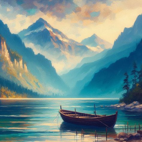 boat, mountains, lake, water, horizon, impressionism, art_4 Water Lake Painting, Lake Digital Painting, Lake With Boat Painting, Boat In Water, Fantasy River Boat, Water Horizon, Water Mountain, Lake Reflection Painting, Lake Water