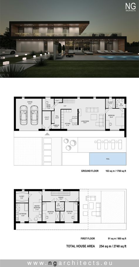 Modern villa Rossi designed by NG architects www.ngarchitects.eu Modern House Floor Plans, Modern Villa Design, Villa Plan, Sims House Plans, House Layout Plans, Plans Modern, Contemporary House Plans, Luxury House Plans, Village House Design