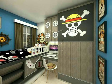 One Piece Room, Guys Room Ideas, Nerd Room Ideas, One Piece Party, Male Bedroom Ideas, Anime Bedroom Ideas, Anime Bedroom, One Piece Theme, Nerd Room