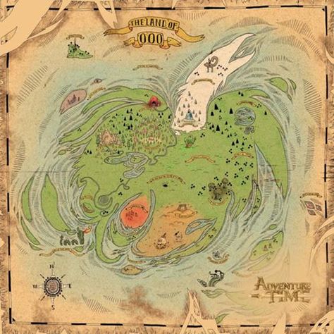 Map of the Land of Ooo, the world of Adventure Time Pendleton Ward, Adveture Time, Land Of Ooo, Adventure Time Wallpaper, Finn The Human, Jake The Dogs, Adventure Time Art, Treasure Maps, Batman Comics