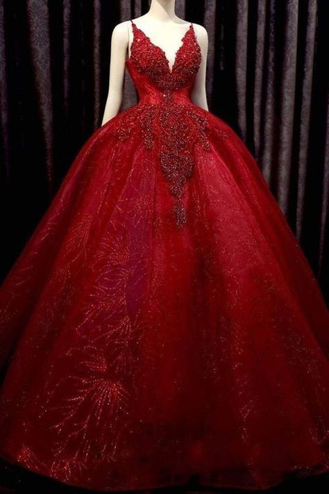 V Neck Ball Gown, Wedding Dress With Bow, Red Quinceanera Dresses, Bow Wedding Dress, Tulle Sleeves, Red Sparkle, Red Prom, Bow Back, Ball Gowns Prom