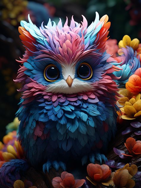 A rainbow coloured cute owl sitting in flowers. Owl Sitting, Kawaii Rainbow, Cute Owl, Adorable Animals, The Flowers, Rainbow Colors, Cute Animals, Rainbow, Flowers