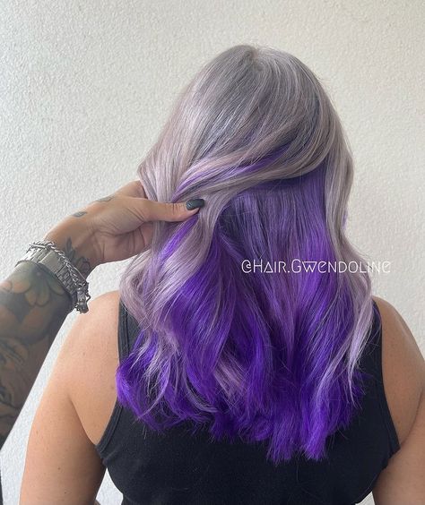 Platinum Blonde With Purple Peekaboo, Hair Color Ideas With Peekaboos, Platinum With Peekaboo Color, Purple Peak A Boo Hair Blonde, Grey Hair With Peekaboo Color, Blonde Hair Purple Peekaboo, Purple Hair Underneath Blonde, Under Dyed Hair Purple, Purple Peekaboo Hair Blonde