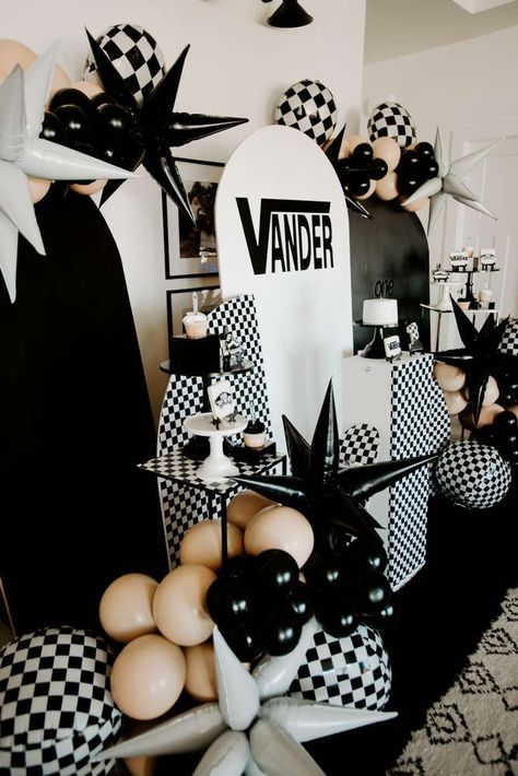 Vans Bday Party Ideas, Checker Birthday Party, Vans First Birthday Party, Vans Off The Wall Birthday Party Theme, Black And White Party Theme Birthday, Checkered Party Ideas, Grunge Baby Shower Ideas, Rock And Roll Birthday Party Ideas, Vans First Birthday