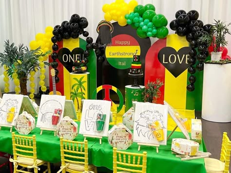 One Love 1st Birthday Party, Reggae Party Ideas Decoration, Jamaican Party Ideas, Jamaican Birthday Party Ideas, Reggae Birthday Party Ideas, One Love Birthday Party, Dancehall Party Decor, Reggae Themed Party Ideas, One Love First Birthday Party Theme