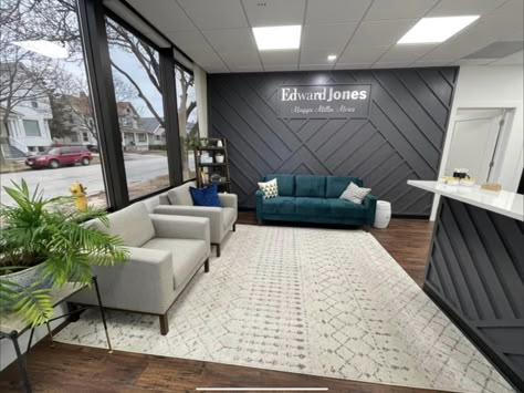 Dental Office Lobby Waiting Rooms, Waiting Area Interior Design Office, Black And White Waiting Room, Cpa Office Design, State Farm Office Decor Interior Design, Dr Office Decor Waiting Rooms, Business Reception Area, Real Estate Office Decor Interior Design, Office Lobby Ideas