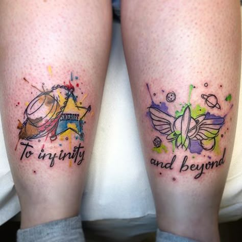 Disney Pixar Tattoos Sleeve, Toy Story Best Friend Tattoos, Best Friends Disney Tattoos, Toy Story Tattoo Ideas Best Friends, Matching Toy Story Tattoos, Matching Nerd Tattoos, Couples Disney Tattoos, Disney Sibling Tattoos, Nerdy Matching Tattoos