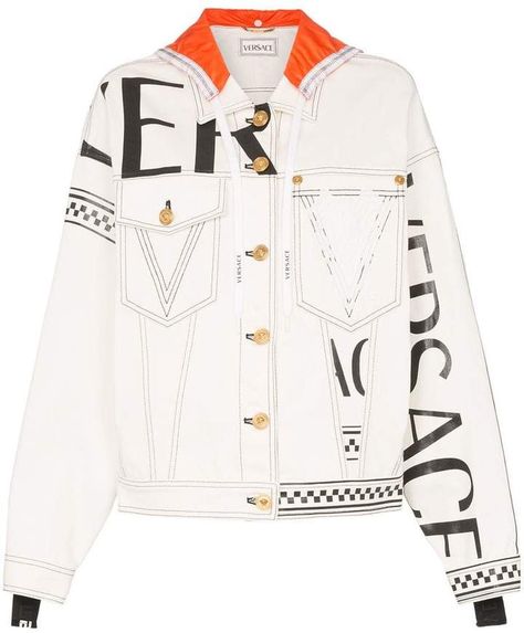 Versace Logo print hooded denim jacket Versace Print, Versace Jacket, Printed Denim Jacket, Versace Logo, Hooded Denim Jacket, Versace Outfit, Printed Denim, Gianni Versace, Designer Jeans