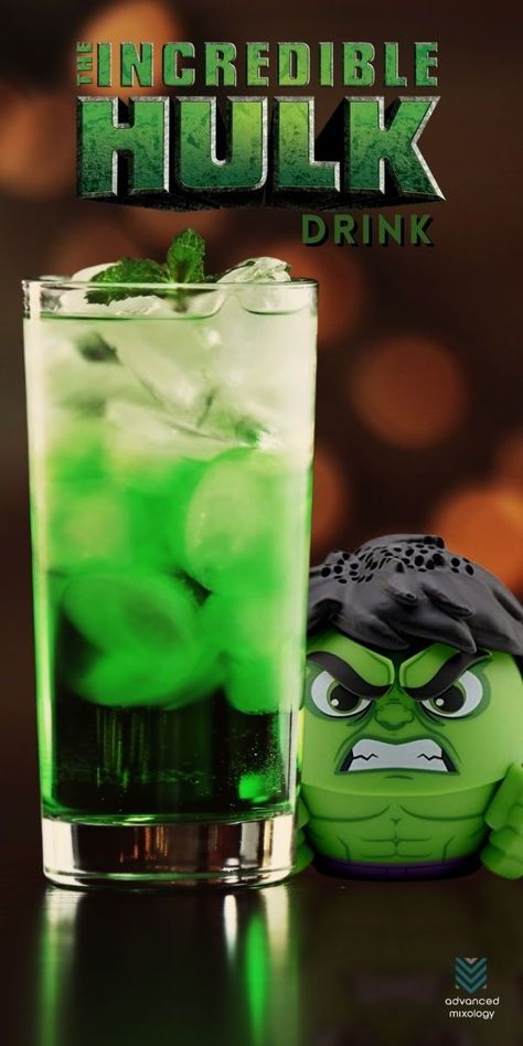 Despite what seems to be an intimidating name, this eye-catching drink is easy to make with only three ingredients needed. The usual Incredible Hulk drink recipe calls for equal parts of Hpnotiq liqueur and cognac, but sometimes it only results in a golden brown color rather than the intended green. To achieve that radioactive green color, some people like to add a little more Hpnotiq. incredible hulk drink, how to make an incredible hulk drink Incredible Hulk Drink, Hulk Drink, Golden Brown Color, Drink At Home, Creative Cocktails, Mix Drinks, Unique Drink, The Incredible Hulk, Spooky Treats