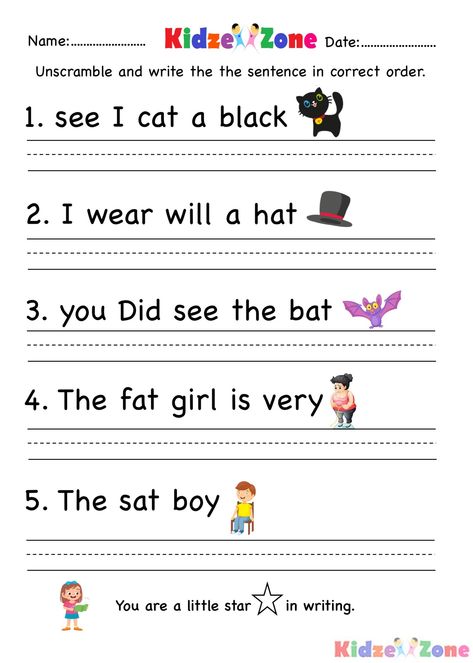 Kindergarten Writing Sentences Worksheets Kindergarten Worksheets at Word Family Unscramble Words Writing Sentences Kindergarten, Personal Information Worksheet, Writing Kindergarten Worksheets, Free Handwriting Practice Sheets, Synonyms Worksheet, Simple Sentences Worksheet, Sentence Building Worksheets, Sentences Kindergarten, Writing Worksheets Kindergarten